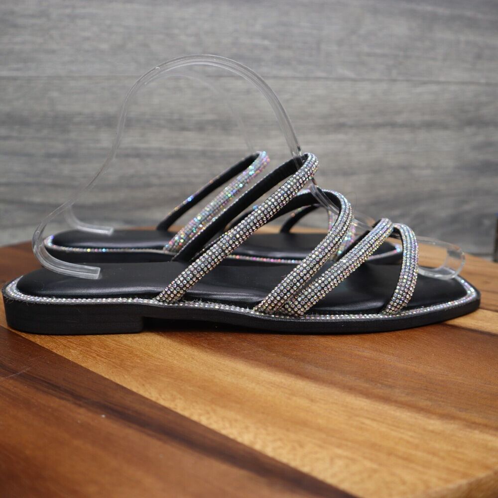 H2K Sandals Womens 9 Black Iris Rhinestones Straps Open Toe Slip on Flats